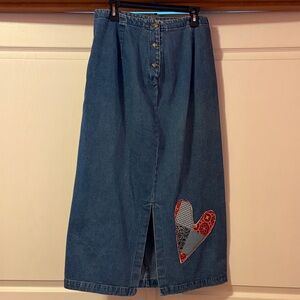 Eddie Bauer Blue Denim Midi Skirt with Heart Patch